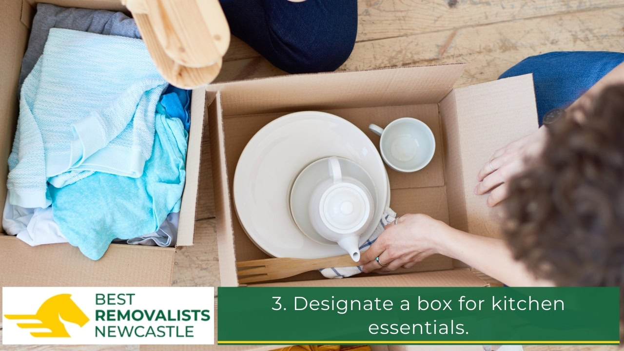 Designate a box for kitchen essentials.
